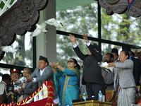 (L-R) Chief Justice Sushila Karki, Vice President of Nepal Nanda Bahadur Pun, President of Nepal Bidhya Devi Bhandari, Prime Minister Puspa...