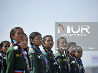 Nepalese Scouts girls march during the 10th Republic Day parade at Tudikhel, Kathmandu, Nepal on Monday, May 29, 2017.   (