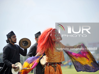 A mask dancer ‘Lakhay’ dance in a traditional instrument during the 10th Republic Day parade at Tudikhel, Kathmandu, Nepal on Monday, May 29...