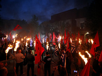 Golden Dawn members and supporters held a rally in Athens, Greece on May 29, 2017 to commemorate the conquest of Istanbul from the Ottoman T...