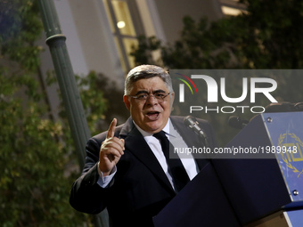Golden Dawn leader Nikolaos Michaloliakos delivers a sppech at a party rally in central Athens on Monday May 29, 2017  to commemorate the an...
