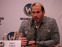 WWE Superstar Matt Hardy of the tag team duo the Hardy Boyz takes questions from fans during a question and answer session as part of Wizard...