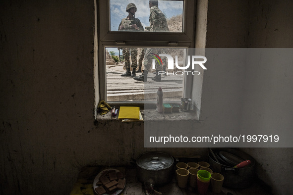 Improvised kitchen in the trenches of Nagorno Karabakh army close to Martakert frontline, less than 300 meters of the Azerbaijan army positi...