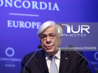 President of the Hellenic Republic Prokopios Pavlopoulos delivers a speech at the opening of the Concordia Europe Summit, in Athens on June...