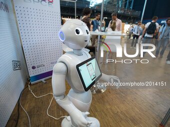 A robot during « Futur en Seine », an international festival dedicated to digital innovations,  in the « La Villette » big hall, in Paris, o...