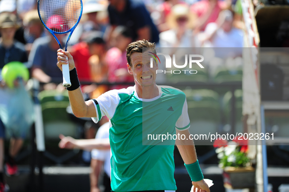 Tomas Berdych (CZE) cheers after winning against Bernard Tomic (AUS) in a match of the round of eight at the Mercedes Cup in Stuttgart, Germ...