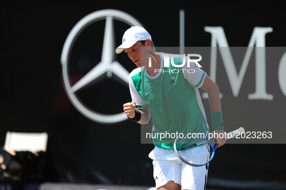 Tomas Berdych (CZE) cheers during a match against Bernard Tomic (AUS) in the round of eight of the Mercedes Cup in Stuttgart, Germany on Jun...