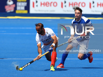 Ramandeep Singh of India  
during The Men's Hockey World League 2017 Group B match between India and Scotland at The Lee Valley Hockey and T...