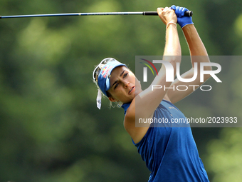 Lexi Thompson of the United States tees off on the 4th tee during the first round of the Meijer LPGA Classic golf tournament at Blythefield...