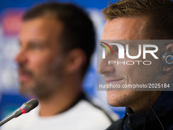 Chris Wood of the New Zealand national football team during a news conference at the St.Petersburg Stadium, Russia, Friday, June 16, 2017 (