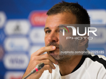 New Zealand coach Anthony Hudson during a news conference at the St.Petersburg Stadium, Russia, Friday, June 16, 2017 (