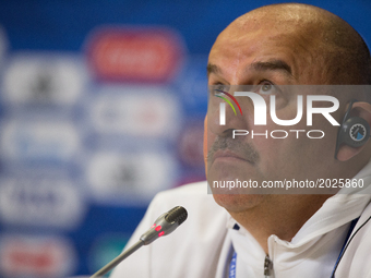 Russian national football team coach Stanislav Cherchesov during a news conference at the St.Petersburg Stadium, Russia, Friday, June 16, 20...
