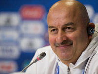Russian national football team coach Stanislav Cherchesov during a news conference at the St.Petersburg Stadium, Russia, Friday, June 16, 20...