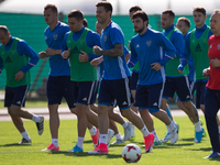 Players of the Russian national football team at a training session ahead of their 2017 FIFA Confederations Cup match against New Zealand at...