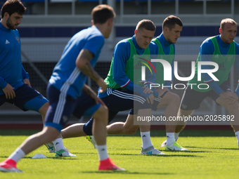 Players of the Russian national football team at a training session ahead of their 2017 FIFA Confederations Cup match against New Zealand at...