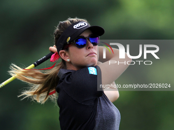 Paula Creamer of Pleasanton, California follows her shot off the 5th tee during the second round of the Meijer LPGA Classic golf tournament...