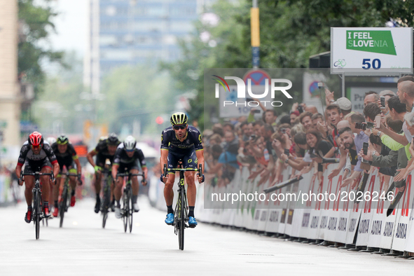 Luka Mezgec of team Erica Scott, celebrates as he crosses the finish line to win the 2 th stage of the Tour of Slovenia, cycling race Ljublj...