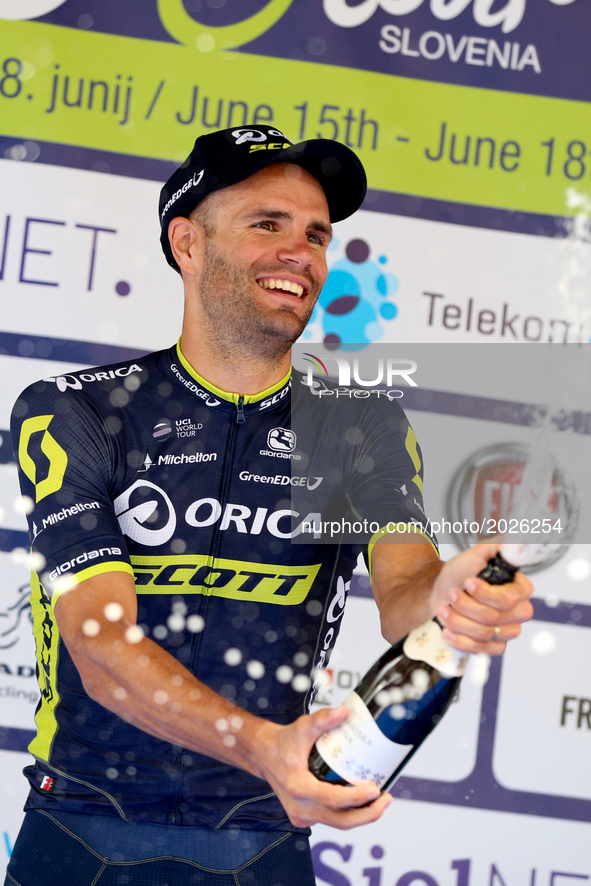 Luka Mezgec of team Erica Scott, celebrates as he crosses the finish line to win the 2 th stage of the Tour of Slovenia, cycling race Ljublj...