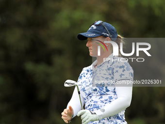 Holly Clyburn of England follows her tee shot on the 12th hole during the second round of the Meijer LPGA Classic golf tournament at Blythef...