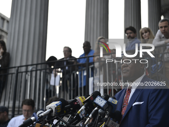Andrew Wyatt, spokesperson for Bill Cosby holds a press conference outside Montgomery Courthouse, in Norristown, Pennsylvania, on June 16, 2...