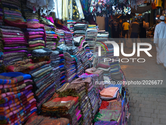 A shop with head scarves on display for sale inside Res Medina, a scene from a daily life in Fes during the Ramadan 2017.On Friday, June 16,...
