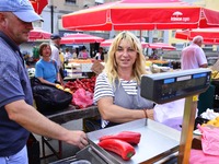 Woman seller on Dolac market in Zagreb, Croatia on 18 Jun 2017. (