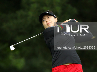 Mi Jung Hur of Korea follows her tee shot on the second tee during the third round of the Meijer LPGA Classic golf tournament at Blythefield...
