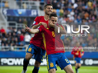 Jose Gaya and Saul Niguez of Spain celebrate after score during the UEFA Under 21 Championship Group B match between Spain and FYR Macedonia...