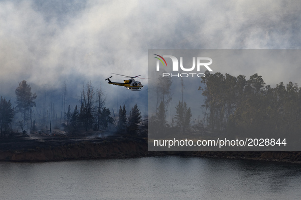 A Los Angeles County Fire Department helicopter flies over Castaic Lake during a wildfire in Castaic, California on June 17, 2017. Castaic,...