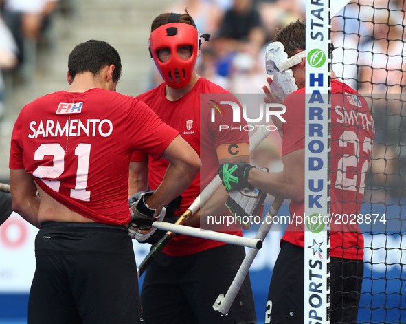Scott Tupper of Canada(Middle)
 during The Men's Hockey World League Semi-Final 2017 Group B match between Canada and India The Lee Valley H...