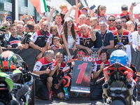 Marco Melandri of Aruba.it Racing - Ducati celebrate, with his team, the victory of race 2 of the Motul FIM Superbike Championship, Riviera...