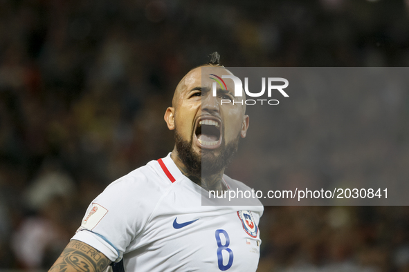 Arturo Vidal of Chile national team celebrates his goal during the Group B - FIFA Confederations Cup Russia 2017 match between Cameroon and...