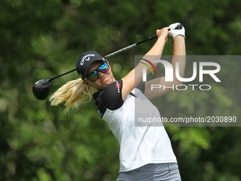 Madelene Sagstrom of Sweden hits from the 8th tee during the final round of the Meijer LPGA Classic golf tournament at Blythefield Country C...