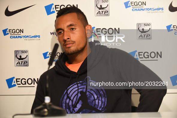 Nick Kyrgios (AUS) is pictured in the press conference after his retirement, for a physical problem at the AEGON Championships, London on Ju...