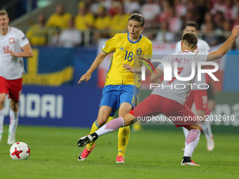 Pawel Cibicki (SWE), Karol Linetty (POL), during the UEFA U21 match between Poland and Sweden at Arena Lublin on June 19, 2017 in Lublin, Po...