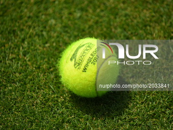 A tennis ball is seen on the lawn at AEGON Championships The Queen's Club, London on June 20, 2017. (