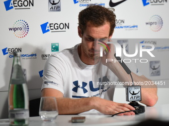 Andy Murray (GBR) is seen at the press conference after his loss in the first round of AEGON Championships at Queen's Club, London, on June...