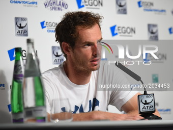 Andy Murray (GBR) is seen at the press conference after his loss in the first round of AEGON Championships at Queen's Club, London, on June...