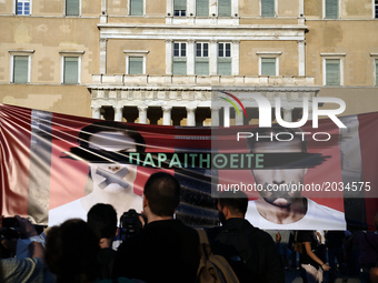 A banner with the slogan - Resign -  in front the Parliament, set by protesters during a rally organized by the Paraitithite (Resign) moveme...