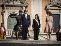 King Willem-Alexander of The Netherlands, Queen Maxima of The Netherlands and Mayor of Rome Virginia Raggi pose in the front of the Campidog...