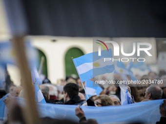 Argentinian flag during a demonstration to require judges to advance in cases of corruption in Buenos Aires, Argentina on June 20, 2017. (