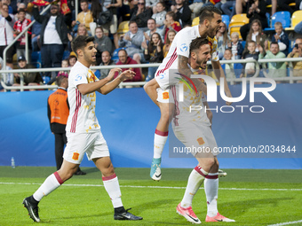 The Spanish players celebrate after Saul Niguez goal during the UEFA European Under-21 Championship 2017  Group B match between Portugal and...