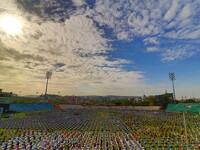 Yoga enthusiasts  take part in a yoga session during the 3rd International Yoga Day at SMS stadium in Jaipur, Rajasthan ,India  on 21st June...