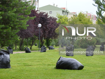 Garbage bags with grass are seen at the park in summer in Ankara, Turkey on June 21, 2017. (