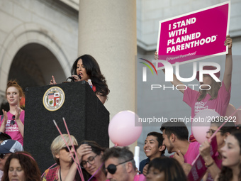 Los Angeles Councilwoman, Nury Martinez, speaks during a Planned Parenthood rally in Los Angeles, California on June 21, 2017. (Photo by: Ro...