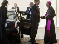 King Willem Alexander of the Netherlands is welcomed by Archbishop Georg Gaenswein, prefect of the Papal Household, upon his arrival at the...