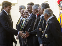 King Willem Alexander and the Queen Maxima of the Netherlands greet Vatican members of staff, called 'Gentiluomini' (Gentlemen) at the Apost...