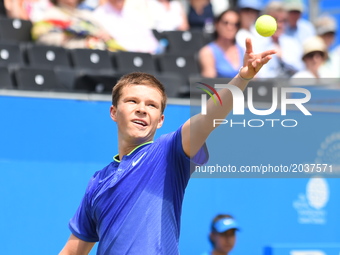 Stefan Kozlov of The United States volleys during the mens singles second round match against Marin Cilic of Croatia on day four of the 2017...
