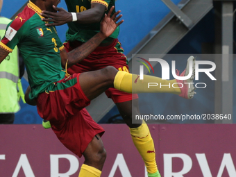Andre-Frank Zambo Anguissa, Vincent Aboubakar of the Cameroon national football team celebrates after scoring a goal during the 2017 FIFA Co...
