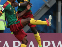 Andre-Frank Zambo Anguissa, Vincent Aboubakar of the Cameroon national football team celebrates after scoring a goal during the 2017 FIFA Co...